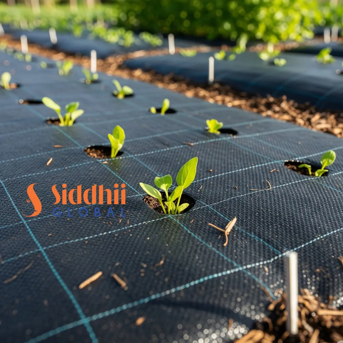 Weed control mat installed on garden bed stopping weed growth