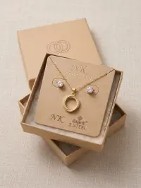 Circle Pendant Necklace with CZ Stud Earrings – Gold Set view 3