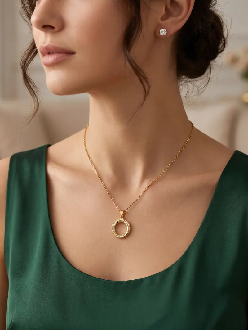 Circle pendant necklace with CZ stud earrings gold set - everyday elegance