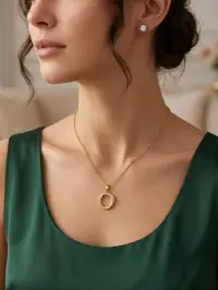 Circle Pendant Necklace with CZ Stud Earrings – Gold Set view 4
