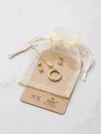 Circle Pendant Necklace with CZ Stud Earrings – Gold Set view 2