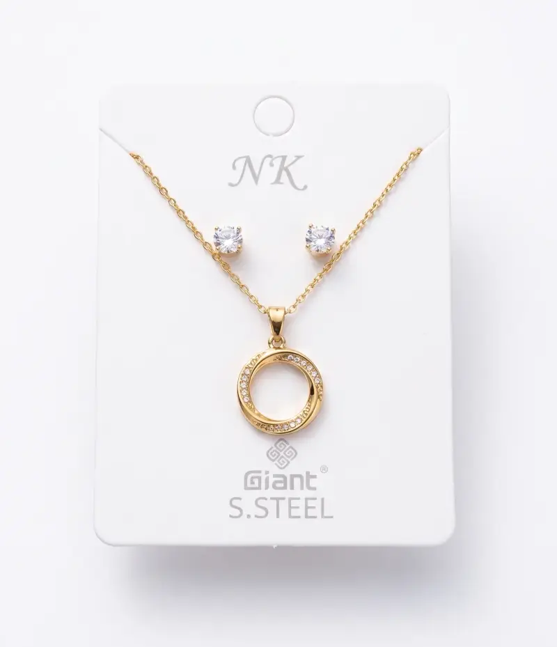Circle Pendant Necklace with CZ Stud Earrings – Gold Set