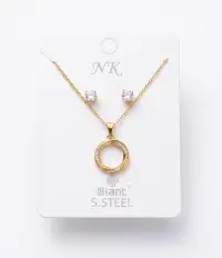 Circle Pendant Necklace with CZ Stud Earrings – Gold Set view 1