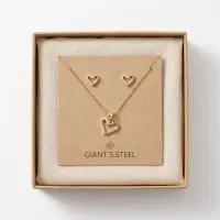 Open Heart Pendant Necklace with CZ Studs – Gold Set view 2