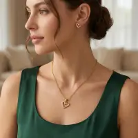 Open Heart Pendant Necklace with CZ Studs – Gold Set view 3